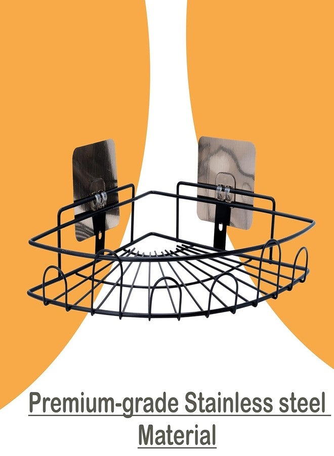 Pathavi Wall-Mounted Corner Shower Shelf Rack - No-Drill Adhesive Bathroom Organizer Basket with Hooks, Rustproof Metal Storage for Toiletries & Accessories (Black) - Image 3